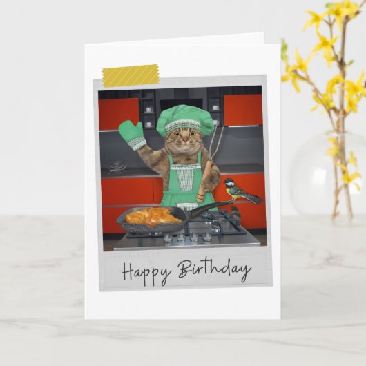 Chef Cat Funny Birthday Card カード (黄色い花)