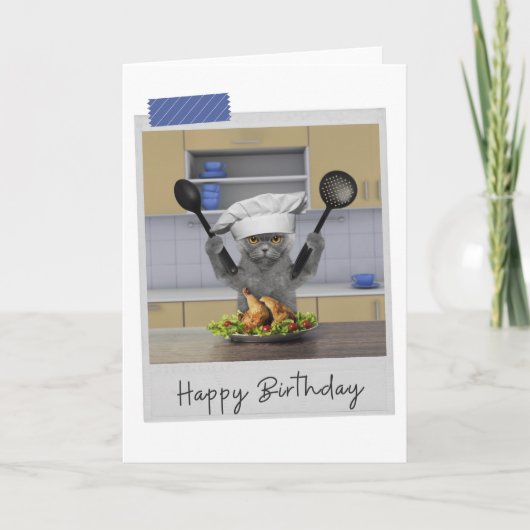 Chef Grey Cat Funny Birthday Card カード (正面)