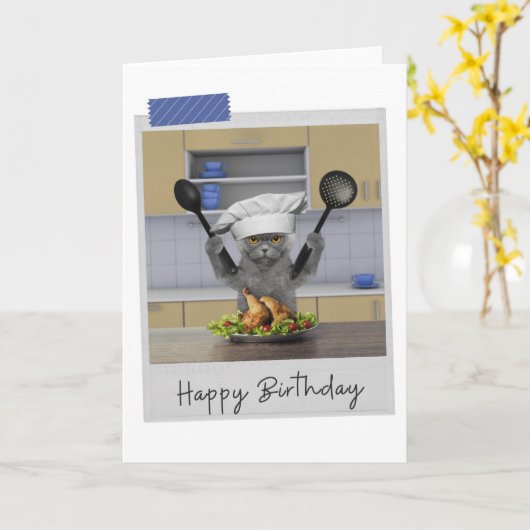 Chef Grey Cat Funny Birthday Card カード (黄色い花)