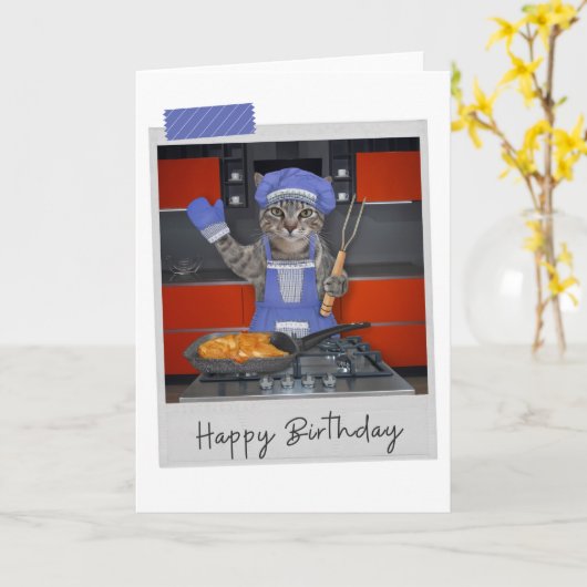 Chef Tabby Cat Funny Birthday Card カード (黄色い花)