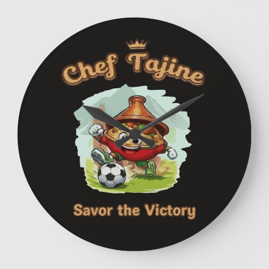 Chef Tajine Soccer Mascot – Funny Moroccan Food ラージ壁時計 (正面)