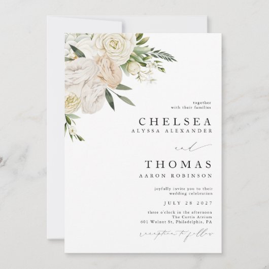 CHELSEA Watercolor White Blooms Wedding Invitation 招待状 (正面)