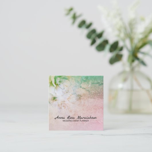 *~* Chensialフローラ水色グリッターターコイズ スクエア名刺 (スタンド正面)