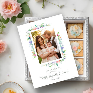 Cherish Cute Floral Frame Christening Photo サンキューカード