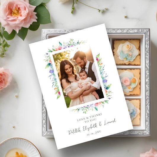 Cherish Cute Floral Frame Christening Photo サンキューカード