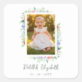 Cherish Cute Floral Frame Christening Photo スクエアシール (正面)