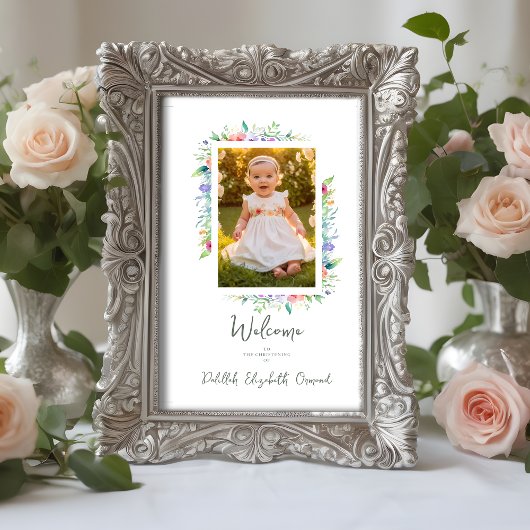 Cherish Cute Floral Frame Christening Photo ポスター