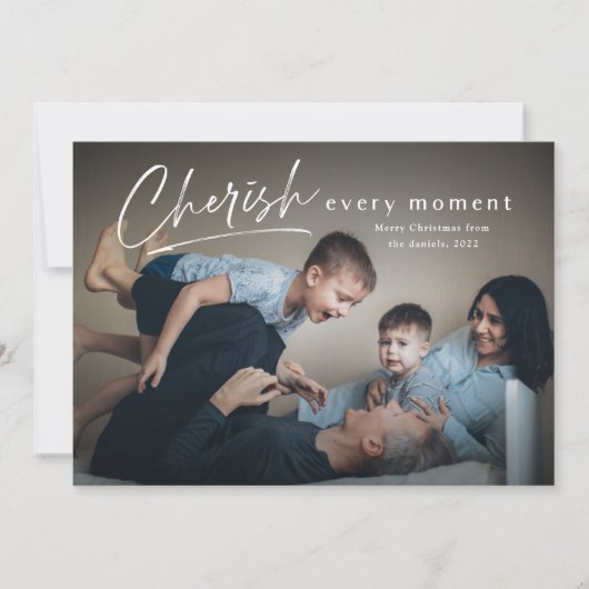 Cherish Every Momentスクリプト写真メリークリスマス カード (正面)