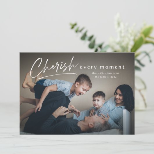 Cherish Every Momentスクリプト写真メリークリスマス カード (スタンド正面)
