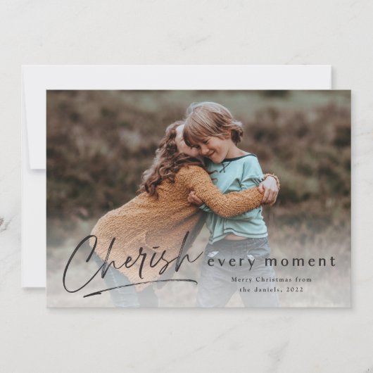 Cherish Every Momentスクリプト写真メリークリスマス カード (正面)