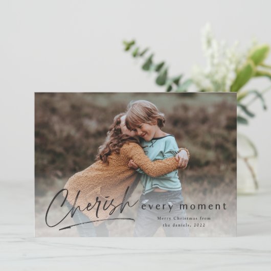 Cherish Every Momentスクリプト写真メリークリスマス カード (スタンド正面)