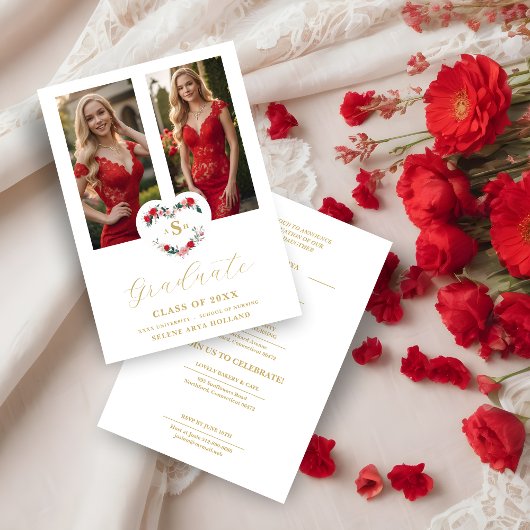 Cherish Floral Heart Initials Graduate 2 Photos 招待状