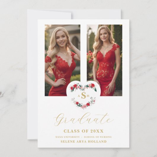 Cherish  Floral Heart Initials Graduate 2 Photos 招待状 (正面)