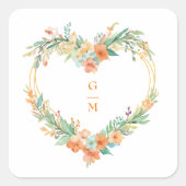 Cherish Orange & Green Floral Heart Wreath Wedding スクエアシール (正面)