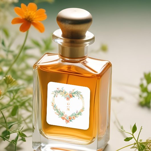 Cherish Orange & Green Floral Heart Wreath Wedding スクエアシール