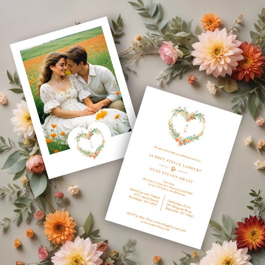 Cherish Orange & Green Floral Heart Wreath Wedding 招待状