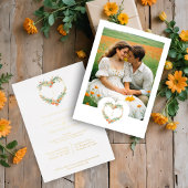 Cherish Romantic Orange & Green Floral Heart Shape 箔招待状