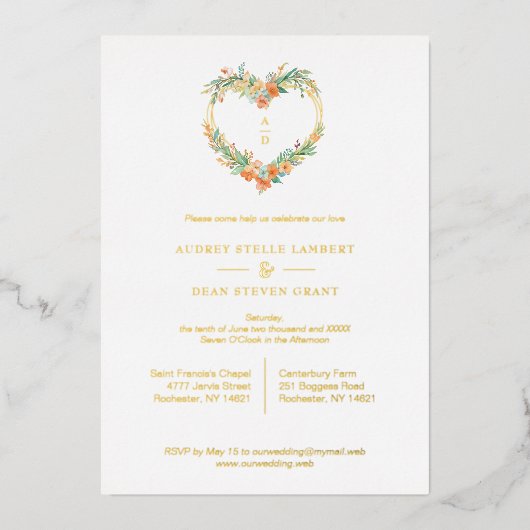 Cherish Romantic Orange & Green Floral Heart Shape 箔招待状 (正面)