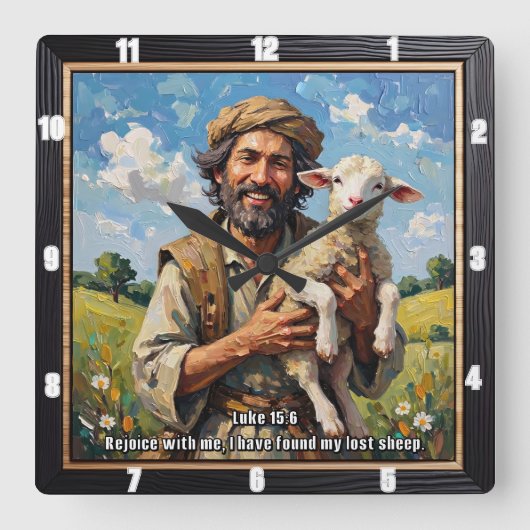 Cherished Lamb: Luke 15:6 Remind スクエア壁時計 (正面)