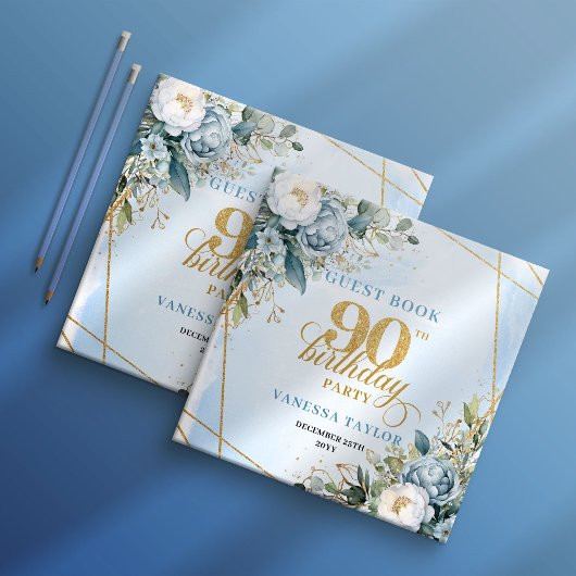 Cherished Light Blue Gold 90th Birthday Guest Book ゲストブック