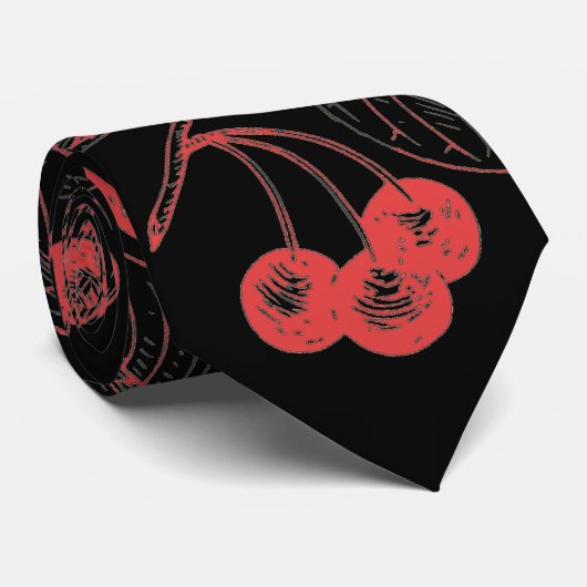 Cherries and Leaves Red on Black ネクタイ (ロール)