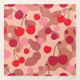 Cherries Art Pink Square Glass Coaster ガラスコースター