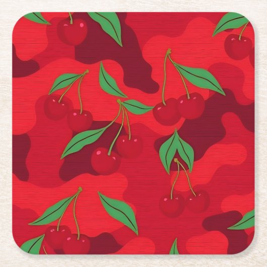 Cherries Camo Red Coaster Set スクエアペーパーコースター (正面)