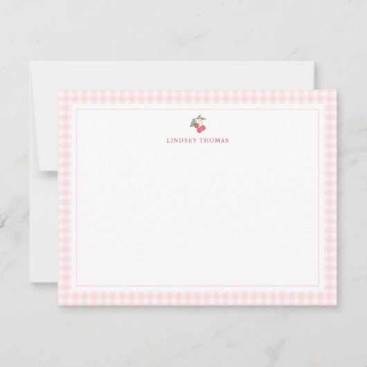 Cherries Pink Gingham Border Personalized ノートカード (正面)