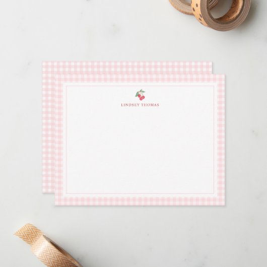 Cherries Pink Gingham Border Personalized ノートカード (正面/裏面インサイチュ)