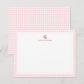 Cherries Pink Gingham Border Personalized ノートカード (正面/裏面)