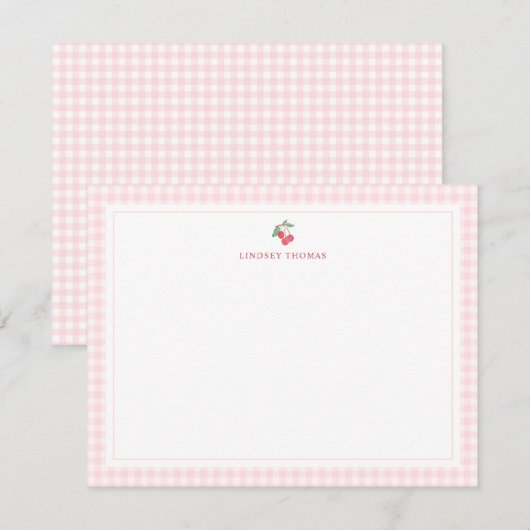 Cherries Pink Gingham Border Personalized ノートカード (正面/裏面)