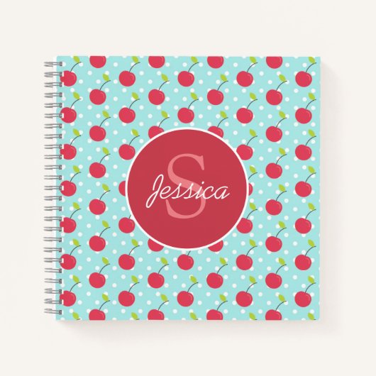 Cherry and Blue Polka Dot Pattern Personalised ノートブック (正面)