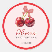 Cherry Baby Shower Favor Sticker with Pink Bow ラウンドシール (正面)