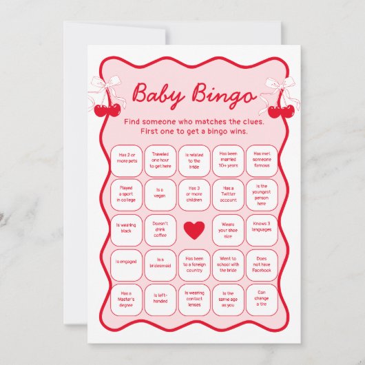 Cherry Baby Shower Find the Guest Bingo Game Card 招待状 (正面)