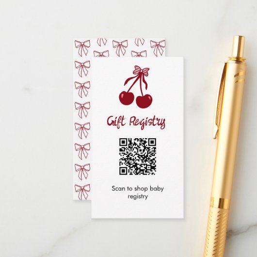 Cherry Baby Shower Gift Registry QR Code Sweet Bow エンクロージャーカード (正面/裏面インサイチュ)