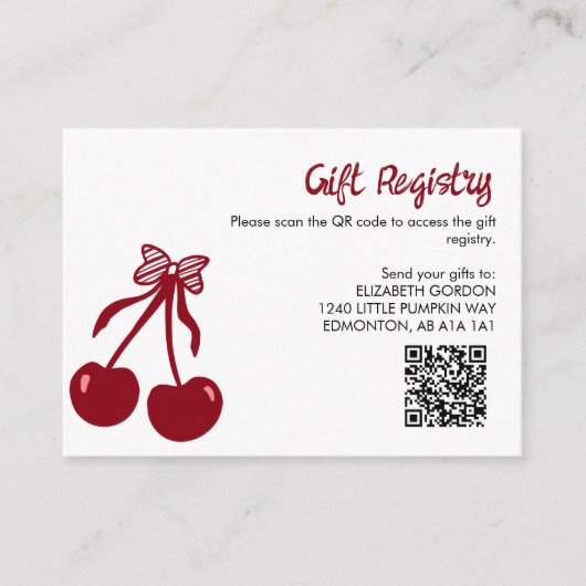 Cherry Baby Shower Gift Registry QR Code Sweet Bow エンクロージャーカード (正面)