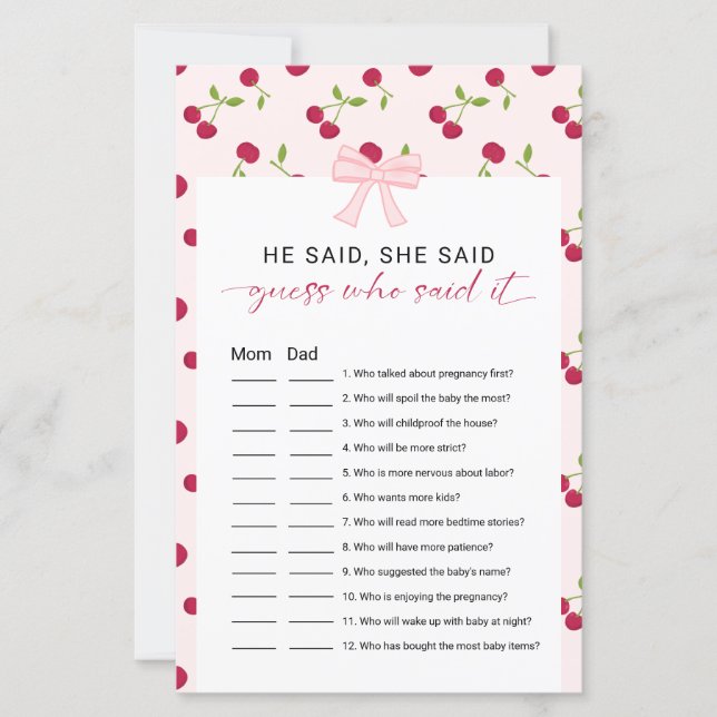 Cherry Baby Shower He Said She Said Game Pink Bow (正面)