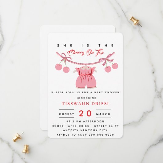 Cherry Baby Shower Invitation Cherry on top Invite セーブザデート (正面/裏面インサイチュ)