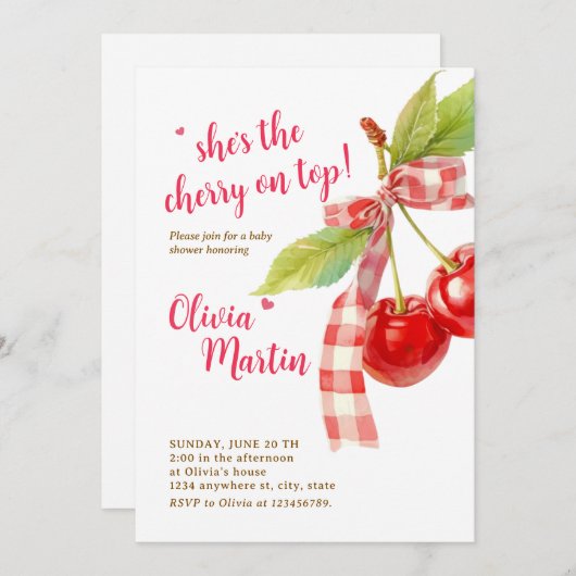 Cherry Baby Shower Invitation: Pink Bow, Berries 招待状 (正面/裏面)