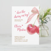 Cherry Baby Shower Invitation: Pink Bow, Berries 招待状 (スタンド正面)