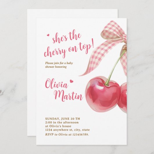 Cherry Baby Shower Invitation: Pink Bow, Berries 招待状 (正面/裏面)