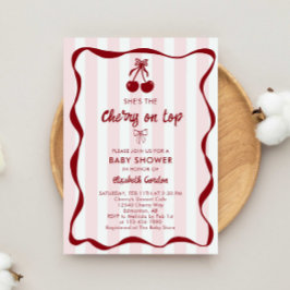 Cherry Baby Shower Sweet Pink Stripes Cute Bow 招待状