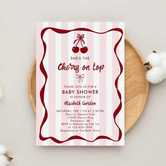 Cherry Baby Shower Sweet Pink Stripes Cute Bow 招待状