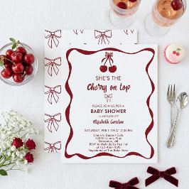 Cherry Baby Shower Sweet Pink Stripes Cute Bow 招待状
