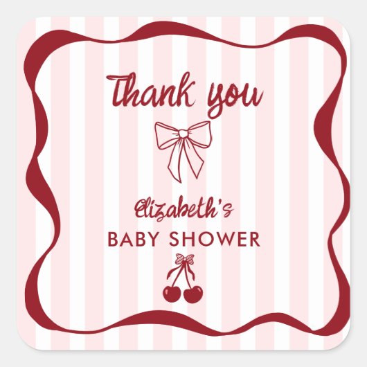 Cherry Baby Shower Thank you Bows Coquette スクエアシール (正面)