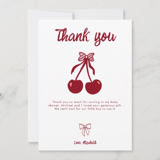 Cherry Baby Shower Thank you Cute Coquette Bow サンキューカード (正面)