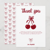 Cherry Baby Shower Thank you Cute Coquette Bow サンキューカード (正面/裏面)
