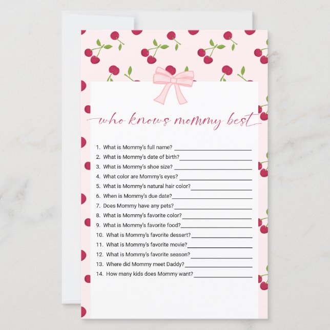 Cherry Baby Shower Who Knows Mommy Best Game (正面)