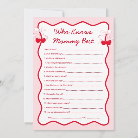 Cherry Baby Shower Who Knows Mommy Best Game 招待状 (正面)