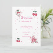 Cherry Balloon Birthday Invitation Coquette Pink 招待状 (スタンド正面)